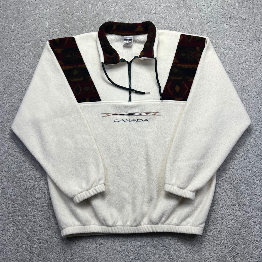 VINTAGE Cityscape Canada Fleece Pullover Size XL White Aztec 1/4 Zip Sweater
